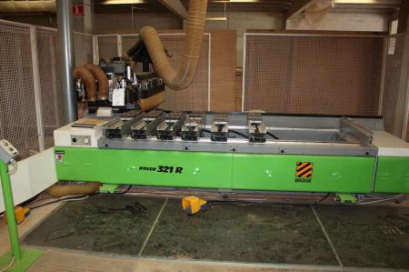 Biesse CNC multi spindle router, Rover 321R, YOM: 1996. SN: 63549. Control: CNI NC 481. 124\" X 38.2\" X 5.2\". Table size: 107\" X 38.25\". X-axis travel: 124.25\". Y-axis travel: 38.25\". Z-axis travel: 5.25\". Saw cutting spindle: Indexable in 90 degre