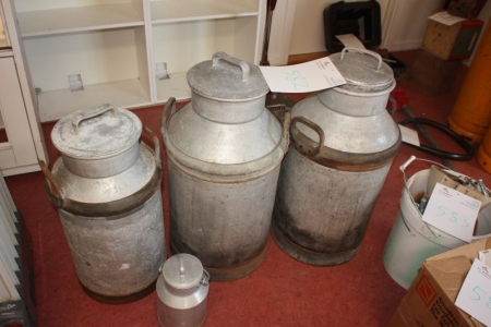 2 milk cans of 50 liters, aluminum + 1 milkcan 30 liters + small milk churn