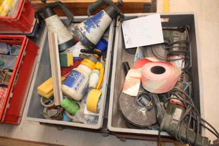 Two plastic boxes with various, including 2 x power drills