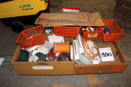 Various boxes with wire, tape, fasteners, etc.