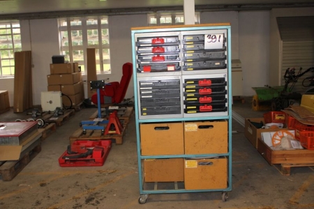 Shelf on wheels, with Würth assortment boxes. Clips, plate washers, div. Locknuts for upholstery.