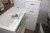 Badezimmer Arrangement weißen Hochglanz-Arbeitsplatte mit Waschbecken und Amatur 90 x 55 cm, 3 Stück in Skapa ein 30 cm + 1 Feld eine 30 cm mit zwei Schubladen. 1 Wandschrank 30 x 40 x 20 cm