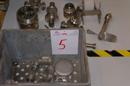 Stainless dairy fittings, assorted cocks, agitator etc.