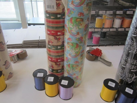 2 rolls of wrapping paper 55cm x 200 meters, and three rolls of ribbon, reflected cost about 850 kr