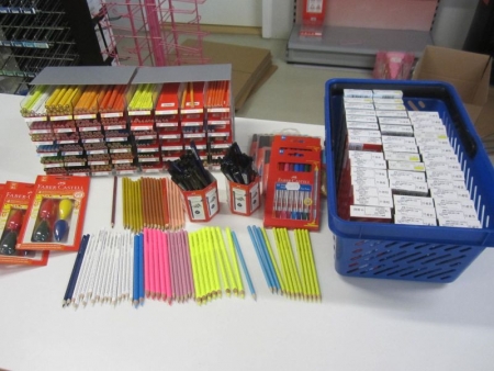 Large lot Faber pencils, estimated at 1,000, about 44 pens, 5 sets of ink a 10, four crayons, all in Faber