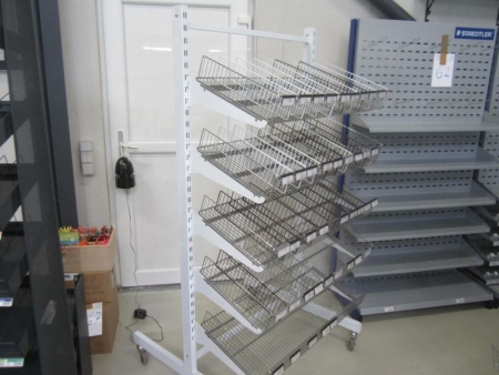 Store shelving on wheels, with wire shelves mm on one side, about 90x90xh178 cm