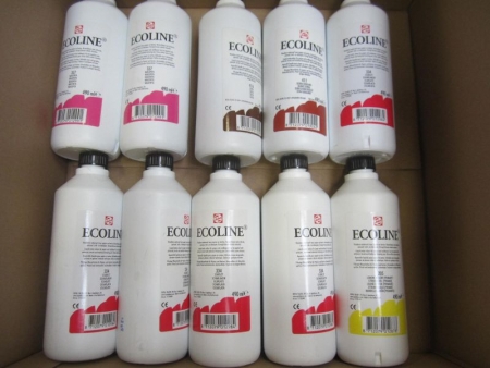 57 stk Ecoline flydende tusch/akvarel i 490 ml flasker samt 6 mask liner
