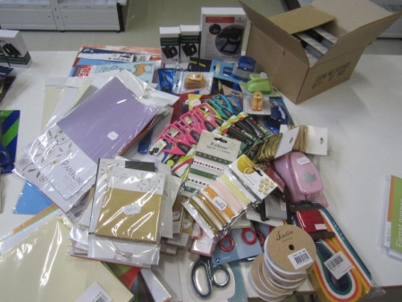 Theme brief; scissors, pattern axis punch, envelopes, satin ribbons, hulmaskiner, box cutters, paper, stencils, magnifier and more