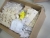 Large box; half masks in cardboard / plastic palettes, wall mount, plastic masks, trænavneskilte, cotton balls, burnerset to deco of wood