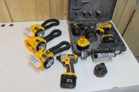 Dewalt 12v drill + bolt fasteners (Without charger - battery status unknown) + 3 stk 18V flashlights
