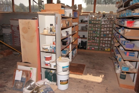 Shelving with content + buckets on the floor (Paint and glue)