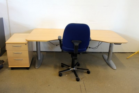 Powered elevating sit / stand desk, 200x100 cm. maple, office chair + drawers