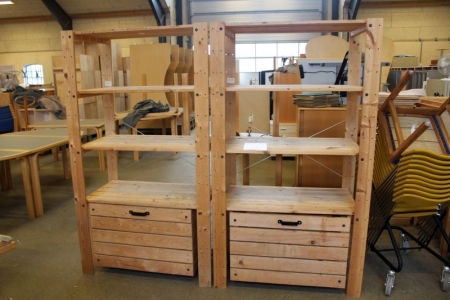 2 racks on wheels, wooden, with large drawer, 175x90x55 cm