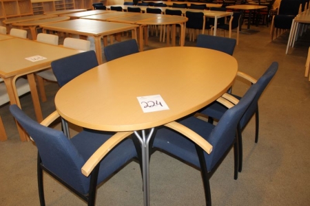 Magnus Olesen bord, ellipseformet + 6 Kinnarps stole, armlæn og blåt stof
