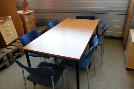 2 tables, 80x80 cm. + 6 chairs with blue fabric. (slightly worn)