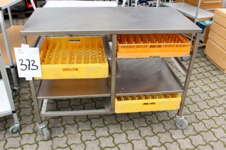 Edelstahl-Tisch auf Rollen, mit Böden für Geschirr, 112x54 cm.
