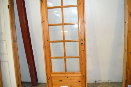 Inside door, untreated pine square cuts and glazing. Studded. Frame dimensions, wxh, ca. 78.5 x 209