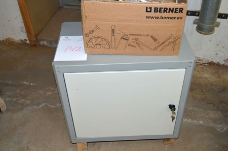 Rack Cabinet, wxdxh: ca. 65 x 40 x 58 cm, with key + pallet with mesh panel and power cords. Pallet not included