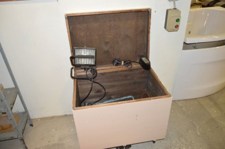Toolbox, wood, approximately WxDxH: 70 x 50 x 50 + content: 2 x working lamps + 2 x electric drills + saws and wood drill etc.