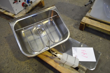 Wall mounted stainless steel sink, wxd, ca. 48 x 39 cm with swing-up stand + backplate + soap dispenser. Pallet not included