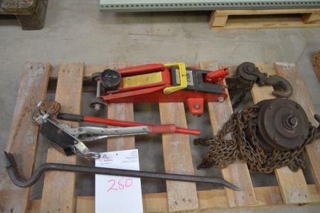 Chain Hoist, 1000 kg + workshop jack, 2 ton + wire pull waist + crowbar