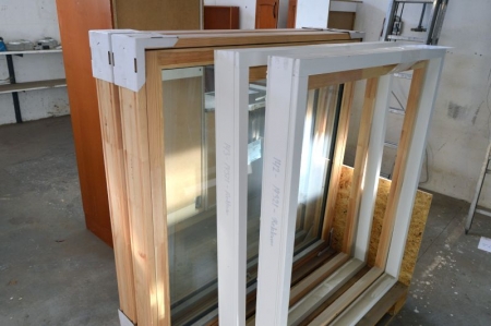 2 x window sills, wood, white. Frame dimensions, wxh, ca. 108 x 127. Width about 10.5 cm + 2 x windows untreated, b x h about 129 x 129 cm, double glazing