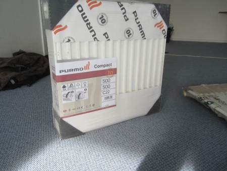 1 piece radiator 50x50 cm, double, Purmo, in unopened packing + 1 radiator 99x46 cm, single, Rio Panel Hudevad, in unopened packaging