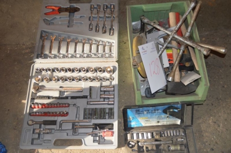 Socket Sets + box with assorted hand tools