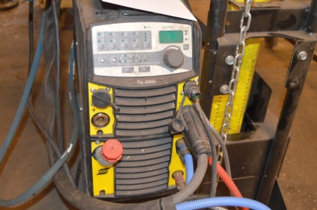 Tig welding rectifier, ESAB TIG 2200i + welding cables. Mounted in a frame on wheels