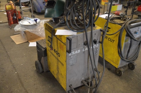 CO2 welding rectifier, ESAB LAG 400 + wire feed box + welding cables. Mounted in a frame on wheels