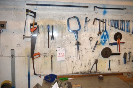 Content on the wall: miscellaneous hand tools etc. + clamps on the workbench