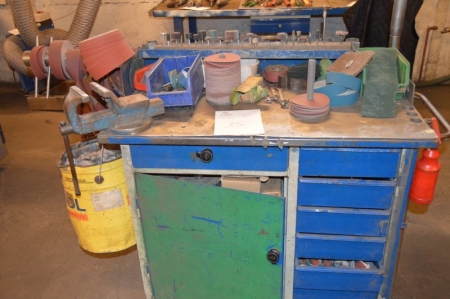 Workshop trolley with vice. Decorated as grinding wagon. Contents included