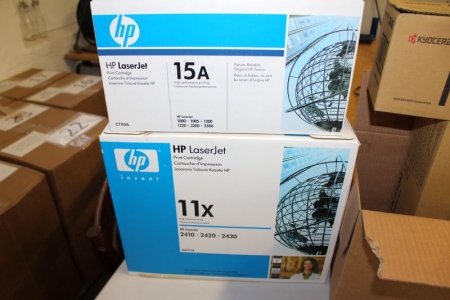 Laserpatroner, HP C7115A + kasse med 11 x Q6511X laserpatroner + 3 stk. Kyocera TK 510 Patroner