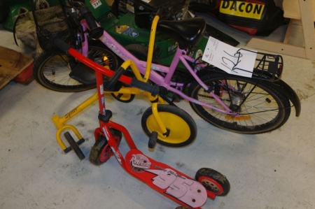 Bicycles, scooters, pogo stick and tricycle.
