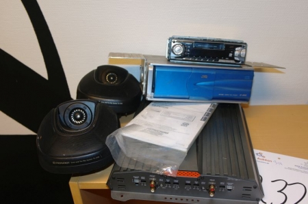 JVC autoradio, forstærker, højtalere, CD box Mrk. JVC
