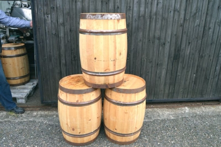3 x wooden barrels, labeled H-112. Unused