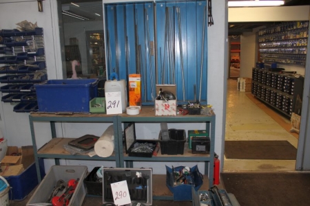 2 racks containing toolboxes, etc. + Bookcase with threaded rods