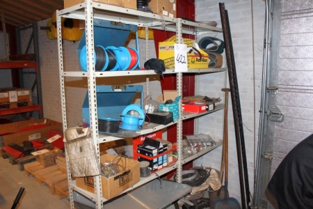 Shelving containing div retaining rings + sandpaper + rolls of wire, etc.