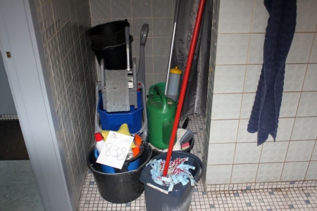 Cleaning Trolley with content + assorted buckets and cleaning materials, etc.