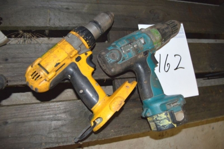 1 x Cordless drills, DeWalt, without battery and charger + Cordless drills, Makita, with battery but without charger