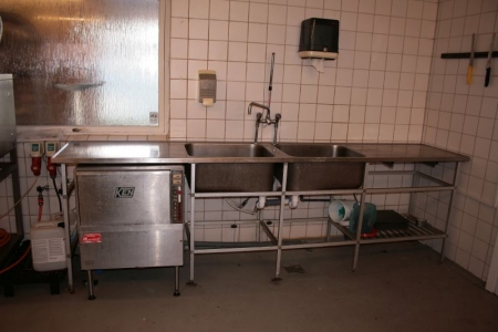 Rustfri stål bord med dobbelt håndvask og armatur. Stel i aluminium. Længde 300 cm., bredde 60 cm. + industriopvasker, mrk.: Ken