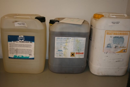 Spilled oil remover, mrk. Americol. 20 liters + anti corrosion fluid, mrk. Aqua-concept. 20 liters + Dishwasher detergent, mrk. Kroonint. 25 kg