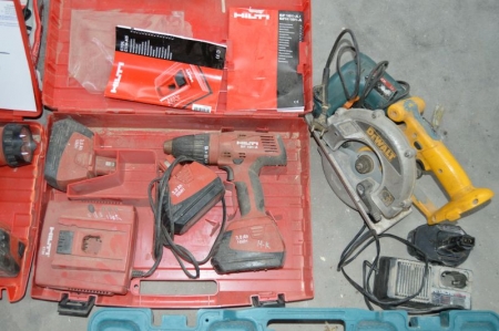 Akuboremaskine, Hilti SF 181-A, with three batteries, charger and case + akurundsav, DeWalt without battery and charger + power drill