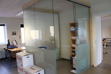 Glass section partition with aluminum rail on top and bottom. Approximately 2 meters with sliding door + 2 meter full Frosted Glass + approximately 1.8 meters. Suitable for ceiling height of 2.5 meters