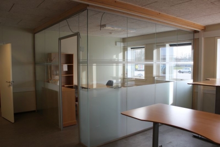 Glass section partition with aluminum rail on top and bottom. Approximately 3.7 meters + approx 3.2 meters with door. Suitable for ceiling height of 2.5 meters