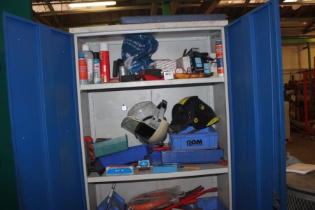 Steel cabinet containing miscellaneous consumables + tools + welding helmets, etc.