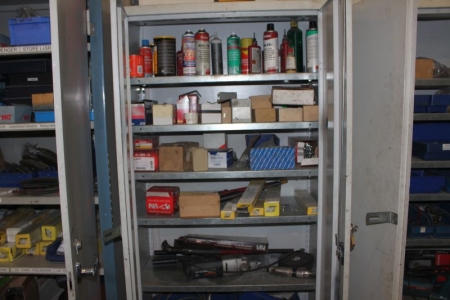 Steel cabinet containing miscellaneous consumables + tools + electric tool + welding electrodes etc.