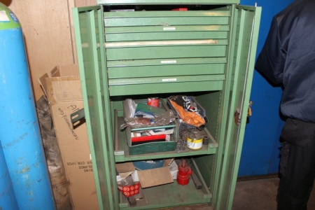 Steel cabinet containing various threading tools + tops etc.