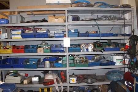 2 section heavy duty racks containing hoses + air tool + Castors + power + box chains, etc.