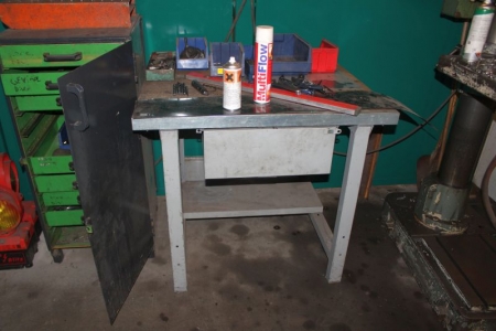 Steel cabinet containing various drills + table with content